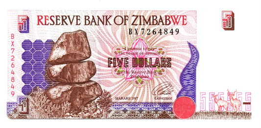 Zimbabwe 5 Dollars 1997, P5, UNC